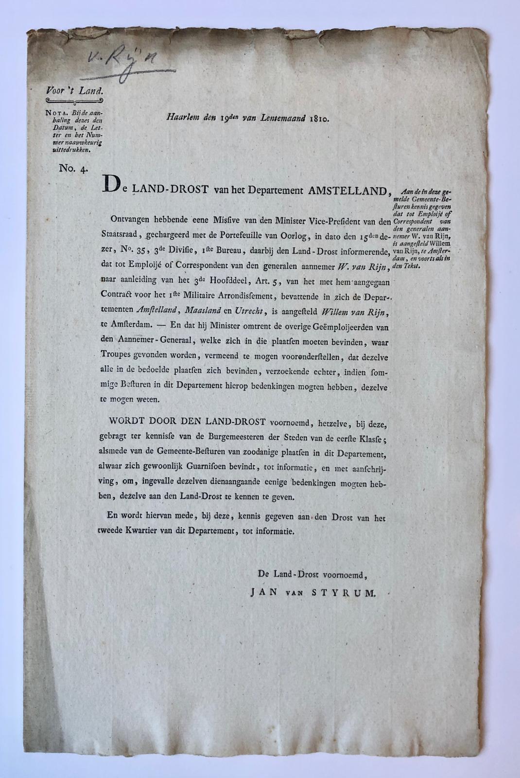 [PRINTED PUBLICATION, 1810, RIJN] Schrijven van de landdrost van Amstelland dd 19 lentemaand 1810 dat Willem van Rijn is aangesteld als aannemer voor militaire troepen, 1 pag., folio, gedrukt.
