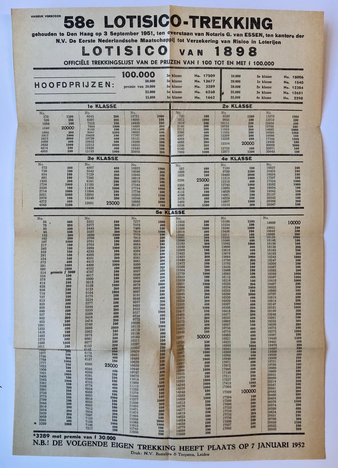 [Printed publication, Lottery, Loterij, 1951] ‘Lotisico Uw geluk’ brochure van de N.V. De Eerste Nederlandse Maatschappij tot verzekering van risico in loterijen, september 1951, 8°, 12 pag., gedrukt.
