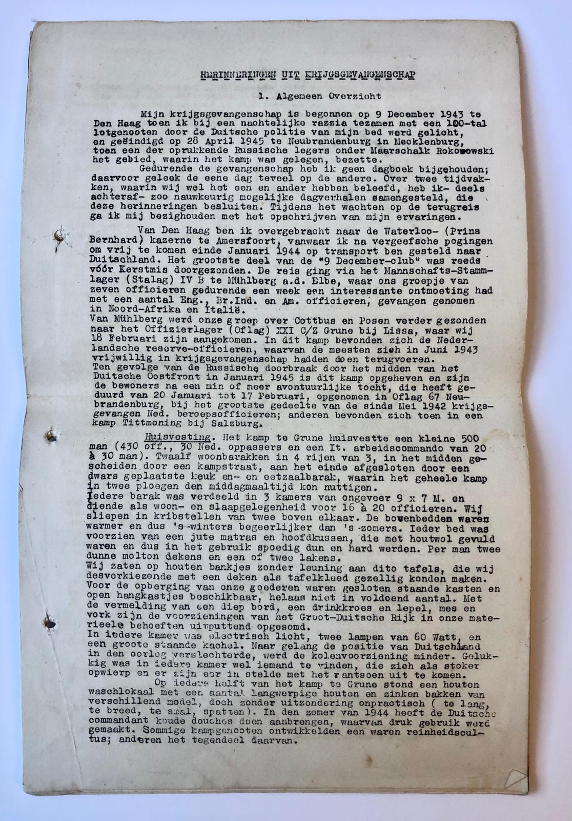[Typoscript Veegens, WO II] ‘Herinneringen uit Krijgsgevangenschap’ (1943-1945) gestencild verslag door D.J. Veegens, 35 pag.