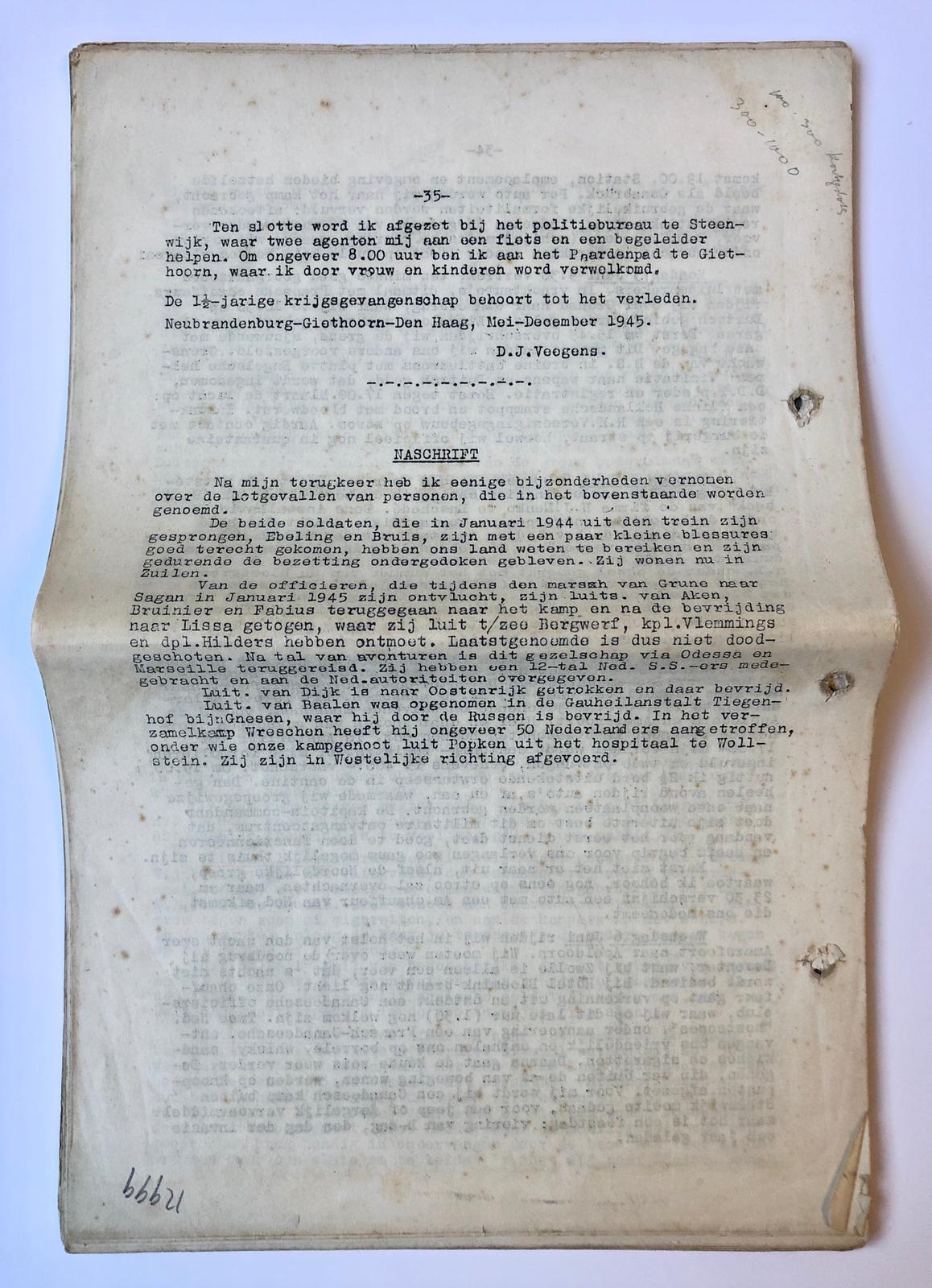 [Typoscript Veegens, WO II] ‘Herinneringen uit Krijgsgevangenschap’ (1943-1945) gestencild verslag door D.J. Veegens, 35 pag.
