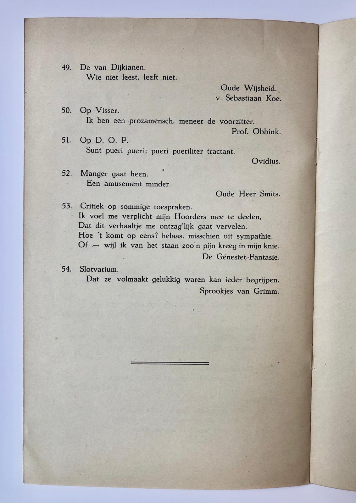 [Documents Students, Studentengezelfschap (?) E.D.J, 1919] ‘Varia’ t.g.v. de dies-viering 1919 van E.D.J. Gedrukte brochure, 6 pag. 8°.