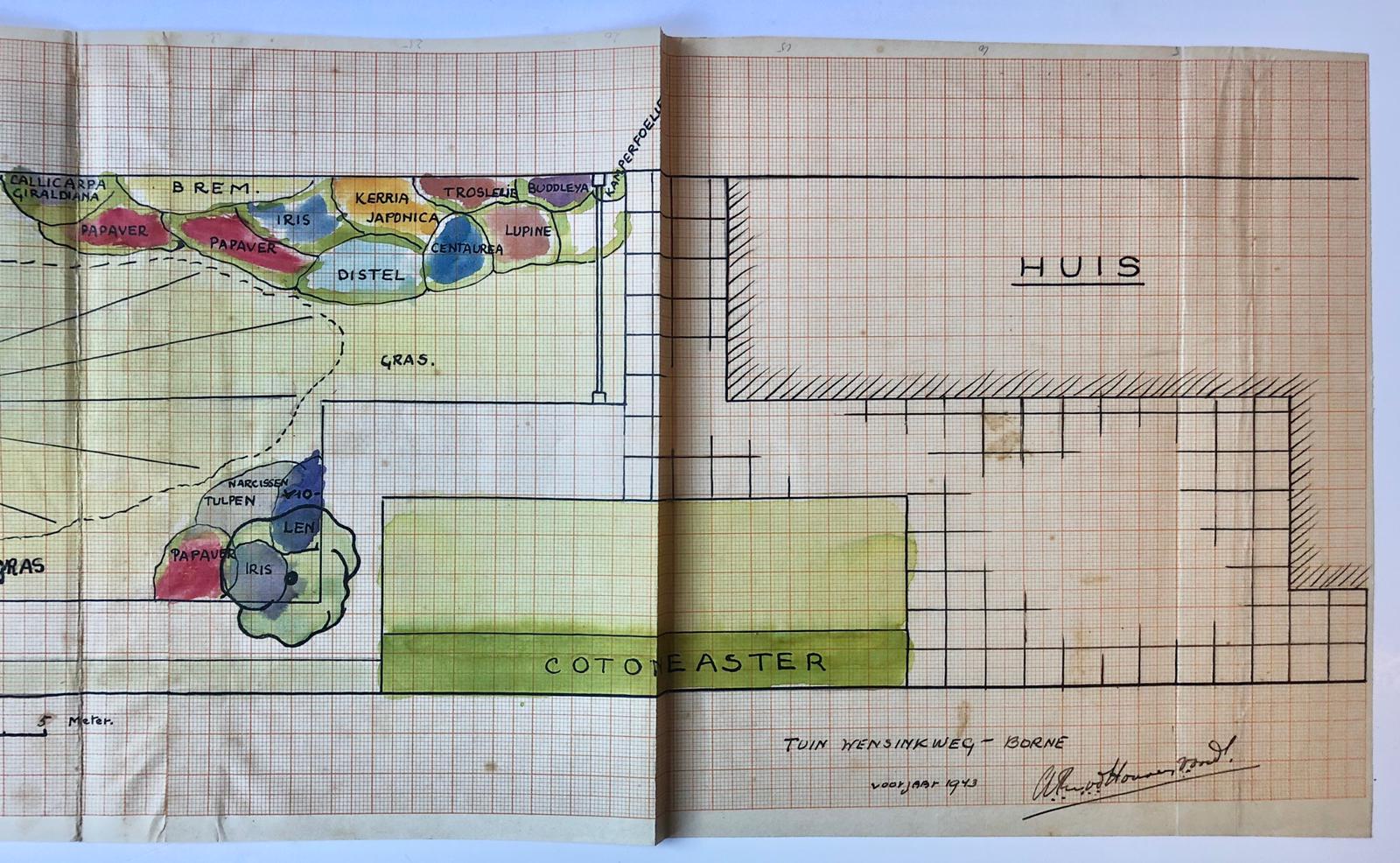 [Garden design, Mien Ruys] Getekend tuinontwerp door Drs. A.P.M van der Houven van Oordt (1898-1949), dd. 1943, voor een tuin te Borne. 1 blad.