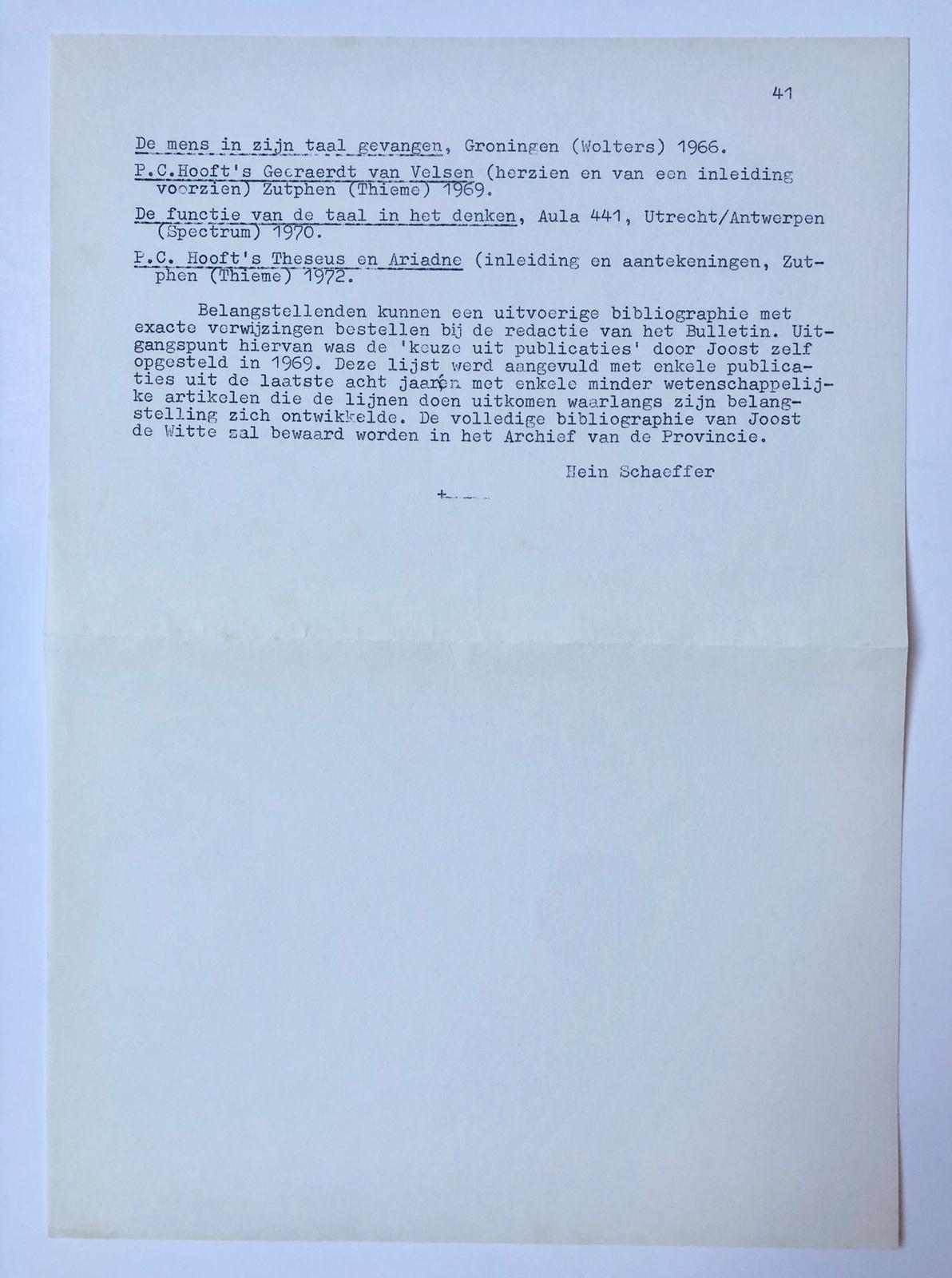 [In Memoriam 1977] ‘In memoriam pater Joost de Witte’, met bibliografie. 5 pag. uit Bulletin Dominicanen 1977, door Hein Schaeffer. Gestencild.
