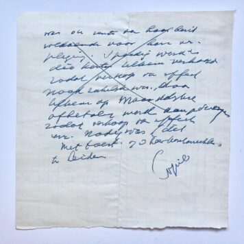 [Manuscript letter 1961] Briefje dd. Leiden 1961 van de broer van mej. J. W. Bertel met vermelding van het bedrag dat zij bij het overlijden van haar ouders kreeg en over haar verpleegkosten. Hun broer Ir. P.J. Bertel regelde dit. Manuscript, 2 pag.