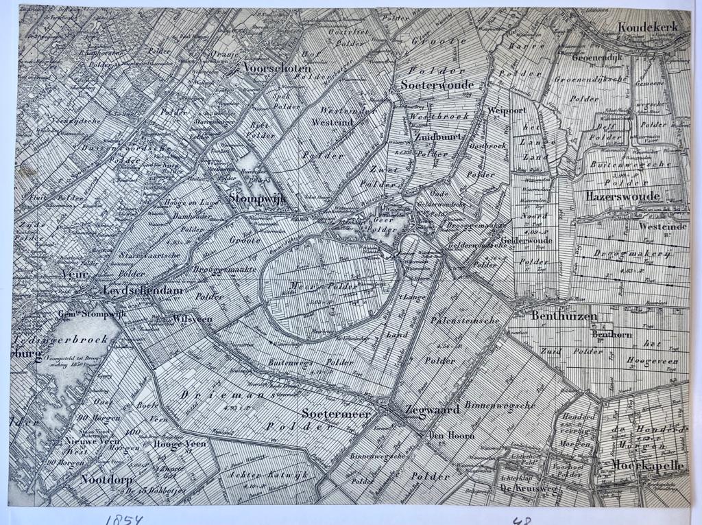 [Cartography, 1854] Detailed map of South-Holland (Kaart van Zuid-Holland) with Soetermeer (Zoetermeer), Leydschendam (Leidschendam), Soeterwoude (Zoeterwoude), Koudekerk, Hazerswoude, Benthuizen, Moerkapelle, Veur (Voorburg), Voorschoten, Stompwijk en Nootdorp, 1 p.
