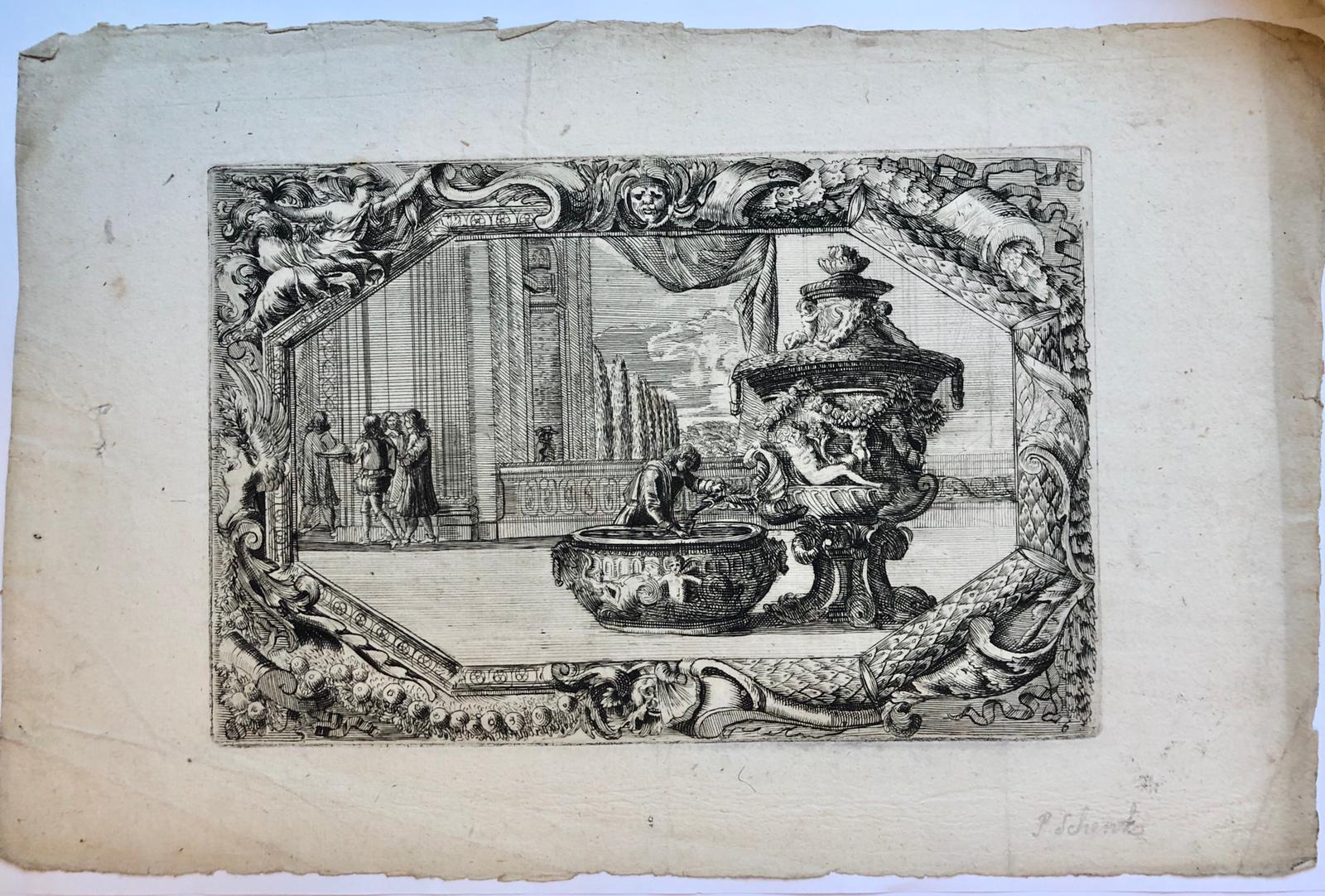 [Antique print, etching] Basin and mobile water fountain in cartouche.