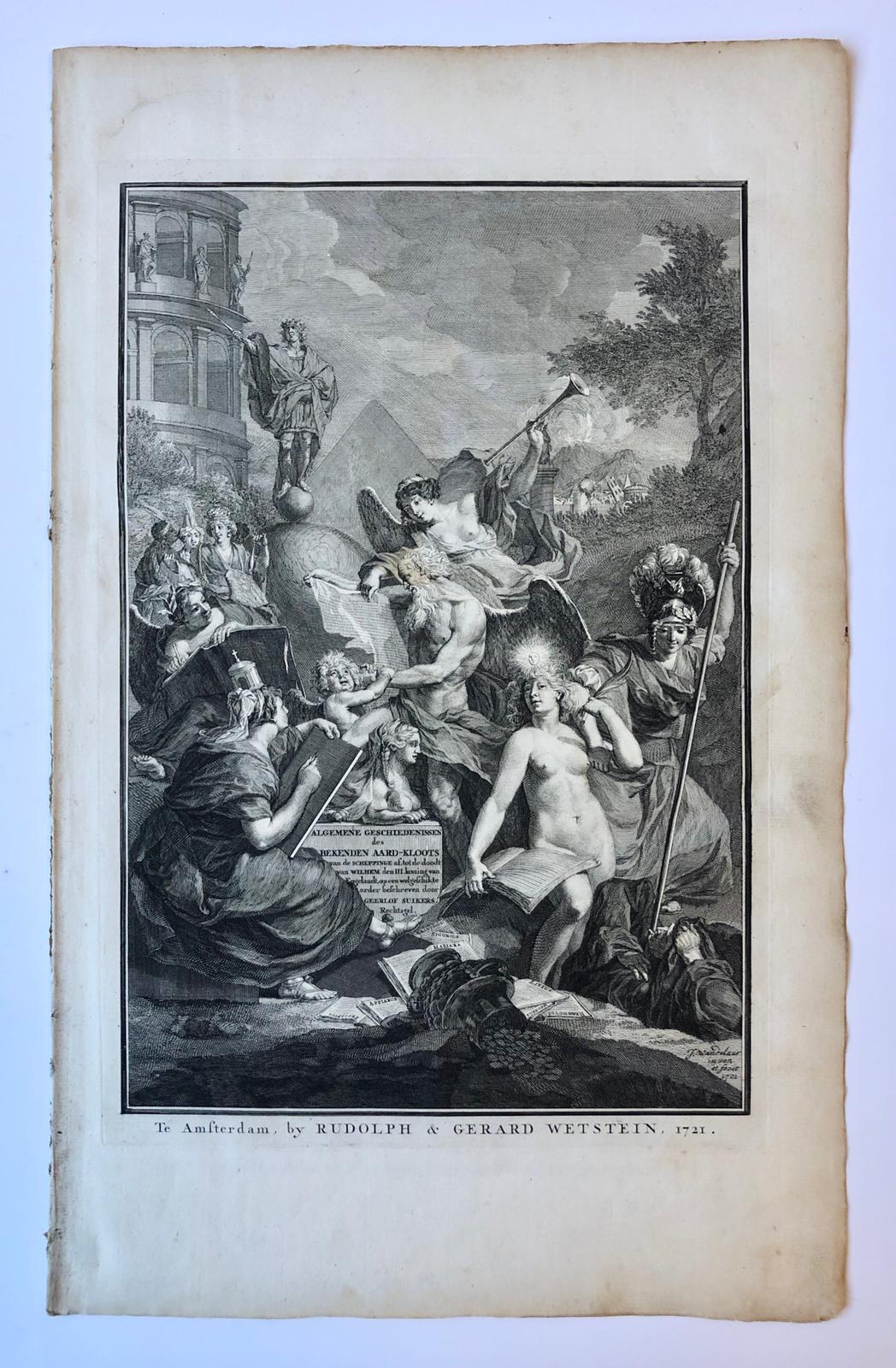 [Antique title page, ca. 1721/28] Allegorical frontispiece/ Allegorische figuren rond een sfinx [Algemene Geschiedenissen des bekende Aardkloots, vol. I], published ca. 1721-1728, 3 pp.