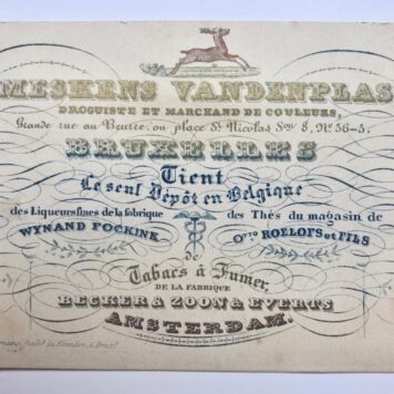 [Business card, Amsterdam, Tabacco] Porseleinkaartje (visitekaartje op hoogglanspapier) van de Brusselse firma Meskens, o.a. agent van Becker & Zoon & Everts te Amsterdam, fabrikant van rooktabak, ca. 1850.