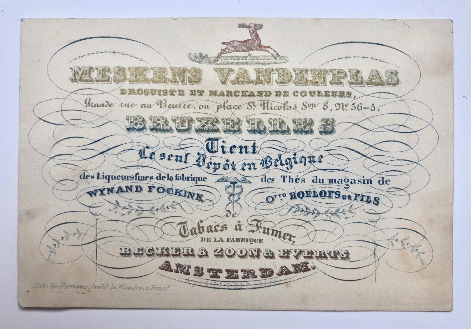  - [Business card, Amsterdam, Tabacco] Porseleinkaartje (visitekaartje op hoogglanspapier) van de Brusselse firma Meskens, o.a. agent van Becker & Zoon & Everts te Amsterdam, fabrikant van rooktabak, ca. 1850.