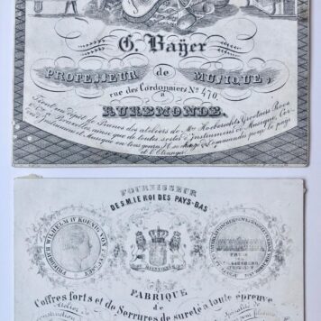 [Business card, Roermond, Porseleinkaartje] Twee porseleinkaartjes (adreskaarten op hoogglanspapier, ca. 1850) van Roermondse bedrijven. Prijs per stuk.