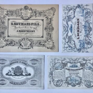 [Business cards, Maastricht, Porseleinkaartjes] Porseleinkaartjes (adreskaartjes gedrukt op hoogglanspapier, ca. 1850) van bedrijven te Maastricht. Extra groot en fraai. Prijs per stuk.