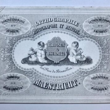 [Business cards, Maastricht, Porseleinkaartjes] Porseleinkaartjes (adreskaartjes gedrukt op hoogglanspapier, ca. 1850) van bedrijven te Maastricht. Extra groot en fraai. Prijs per stuk.