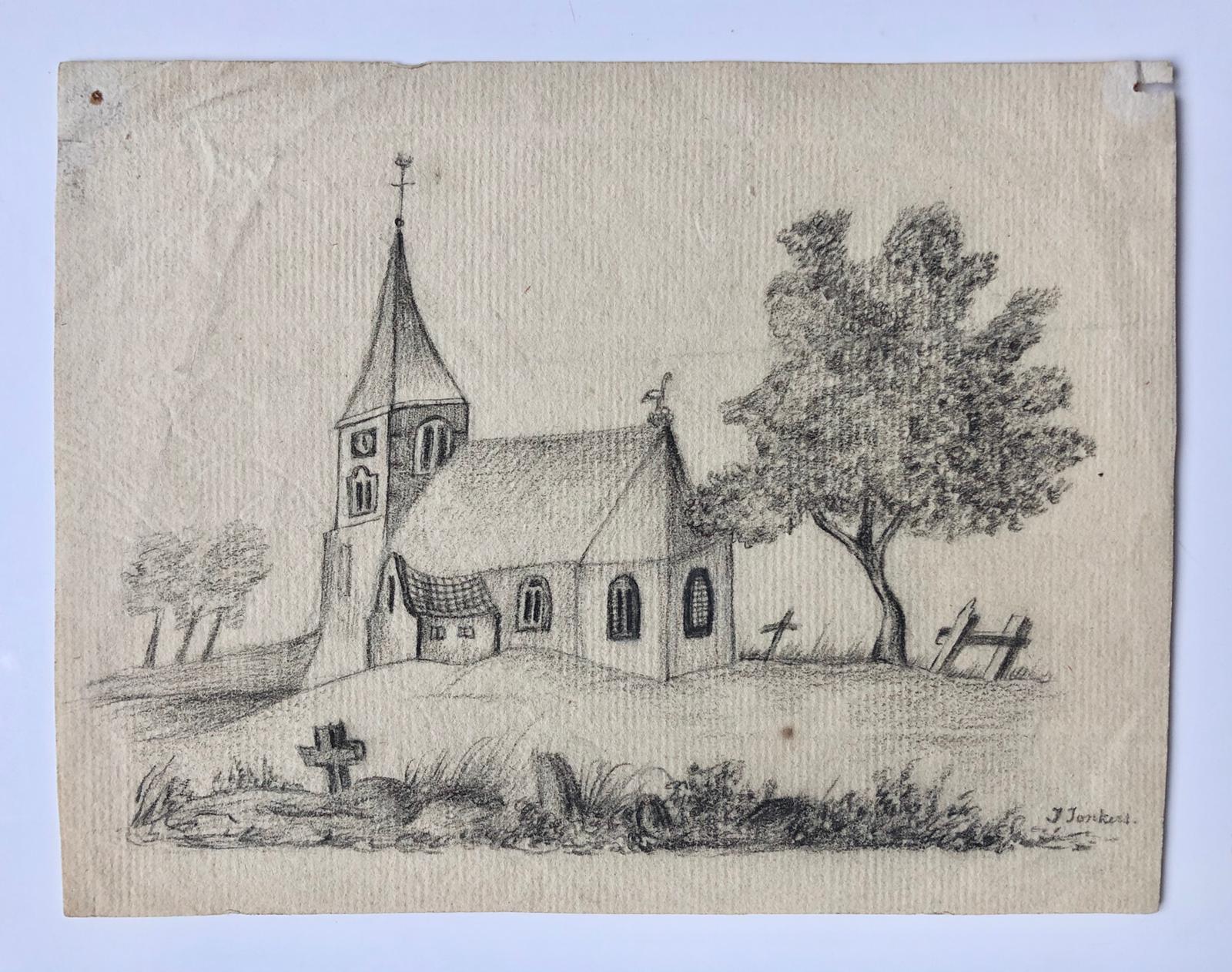  - [Drawing, 19th century] Wat naief potlood tekeningetje van een kerk, gesigneerd J. Jonkers, ca. A5, 19e- eeuws.