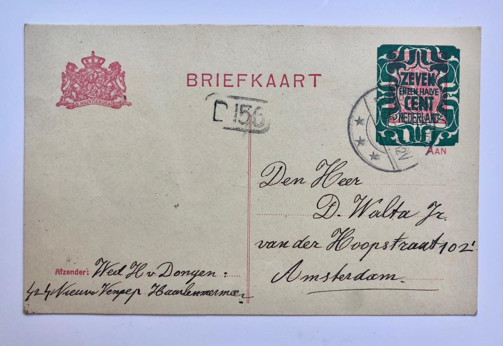  - [POSTCARD, DONGEN, VAN, WALTA] Briefkaart van wed. H. van Dongen te Nieuw Vennep aan fam. D. Walta, 1922.