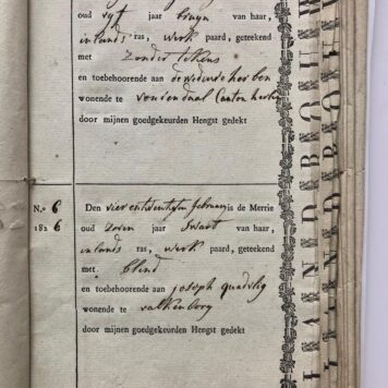 [MANUSCRIPTS, HORSE BREEDING, PAARDENFOKKERIJ, 1826] Register van de paardenfokker J. M. Schoenmaekers te Klimmen met certificaten afgegeven in het eerste halfjaar 1826 aan de eigenaars van merries die door de de ‘goedgekeurden hengst’ van Schoenmaekers zijn gedekt. 40 pagina’s gedrukt, met de pen ingevuld en ondertekend door Schoenmaekers.
