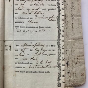 [MANUSCRIPTS, HORSE BREEDING, PAARDENFOKKERIJ, 1826] Register van de paardenfokker J. M. Schoenmaekers te Klimmen met certificaten afgegeven in het eerste halfjaar 1826 aan de eigenaars van merries die door de de ‘goedgekeurden hengst’ van Schoenmaekers zijn gedekt. 40 pagina’s gedrukt, met de pen ingevuld en ondertekend door Schoenmaekers.