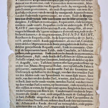 [Printed sentence, Oirschot, Oisterwijk 1679] Sententie van de Raad van Brabant, dd. 26-7-1679 in een geschil tussen de regeerders van Oorschot en de regeerders van Oosterwijk betr. de grenzen tussen beide dorpen. 1 blad, plano, gedrukt.