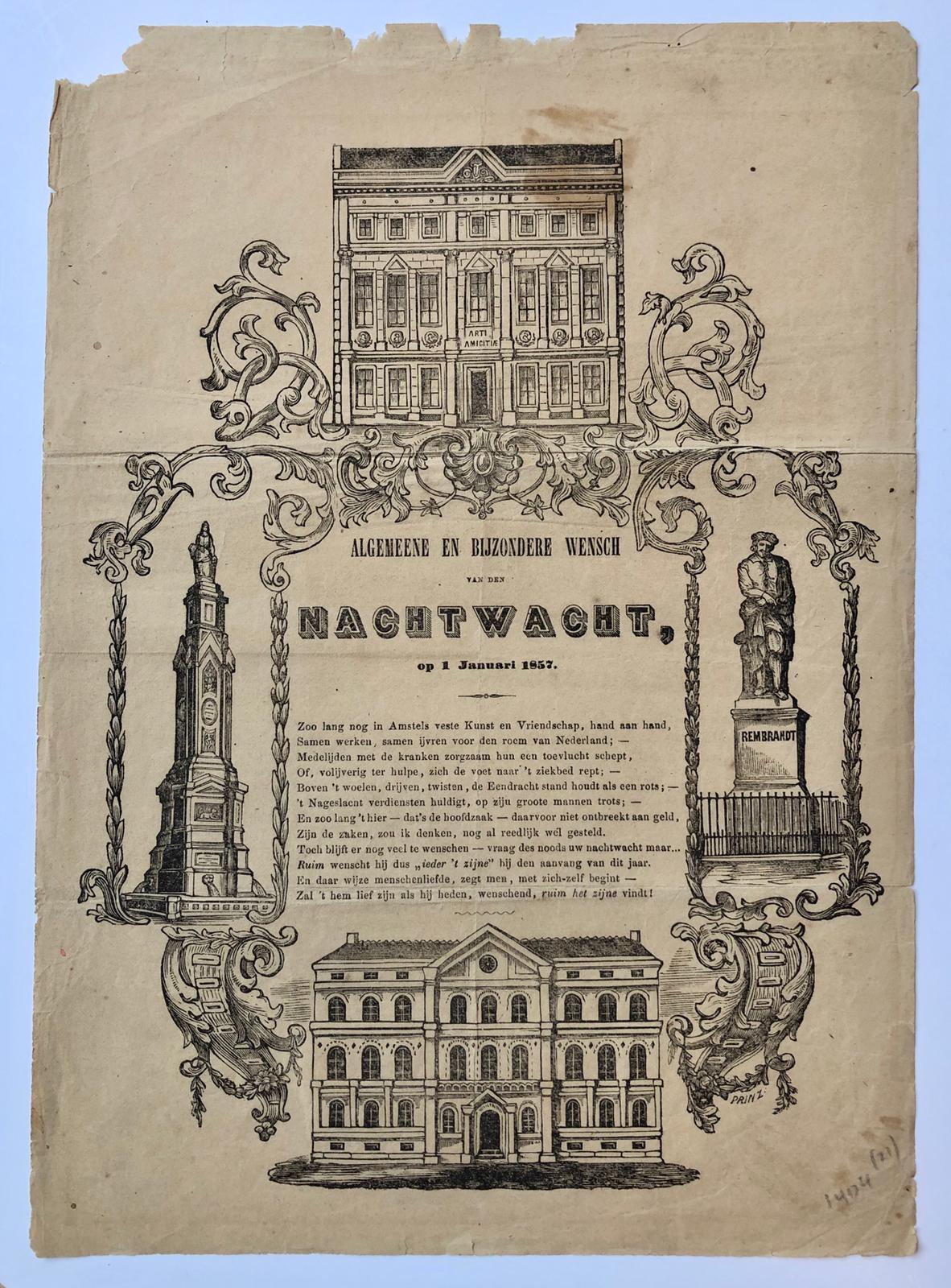 [Woodcut and letterpress, New Year's Wish] ALGEMEENE EN BIJZONDERE WENSCH VAN DEN NACHTWACHT, op 1 Januari 1857, published 1857.