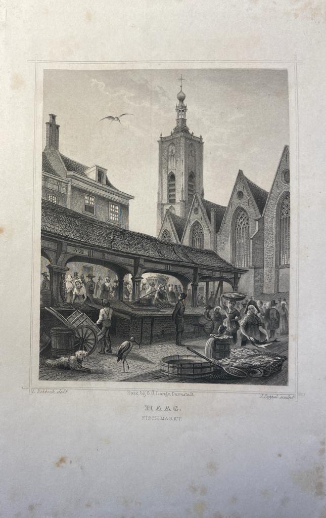  - [Lithography, Lithografie, The Hague] Haag, Fischmarkt (Vismarkt en Grote kerk in Den Haag), 1 p, published 19th century.