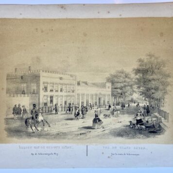 [Lithography, Lithografie, The Hague] Gezigt van de Groote Bazar, op de Scheveningsche Weg, vue du Grand Bazar sur la route de Scheveningue (Grote Koninklijke Bazaar, Nederlands eerste warenhuis aan de Zeestraat Den Haag), 1 p, published 19th century.