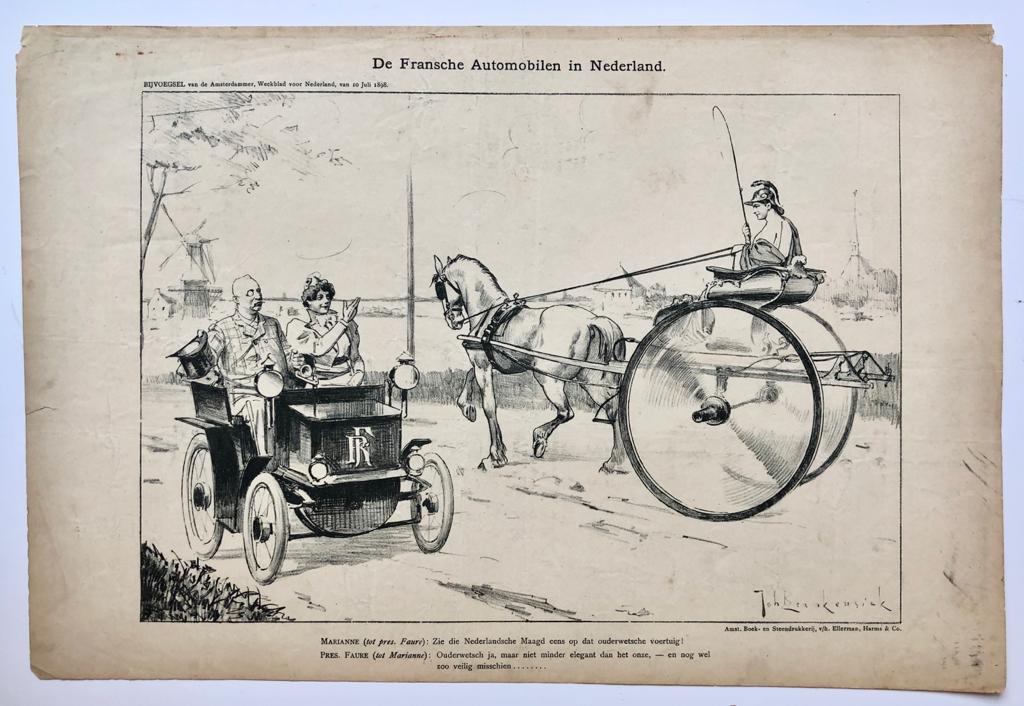 [Original lithograph/lithografie by Johan Braakensiek] De Fransche Automobilen in Nederland, 10 Juli 1898, 1 pp.