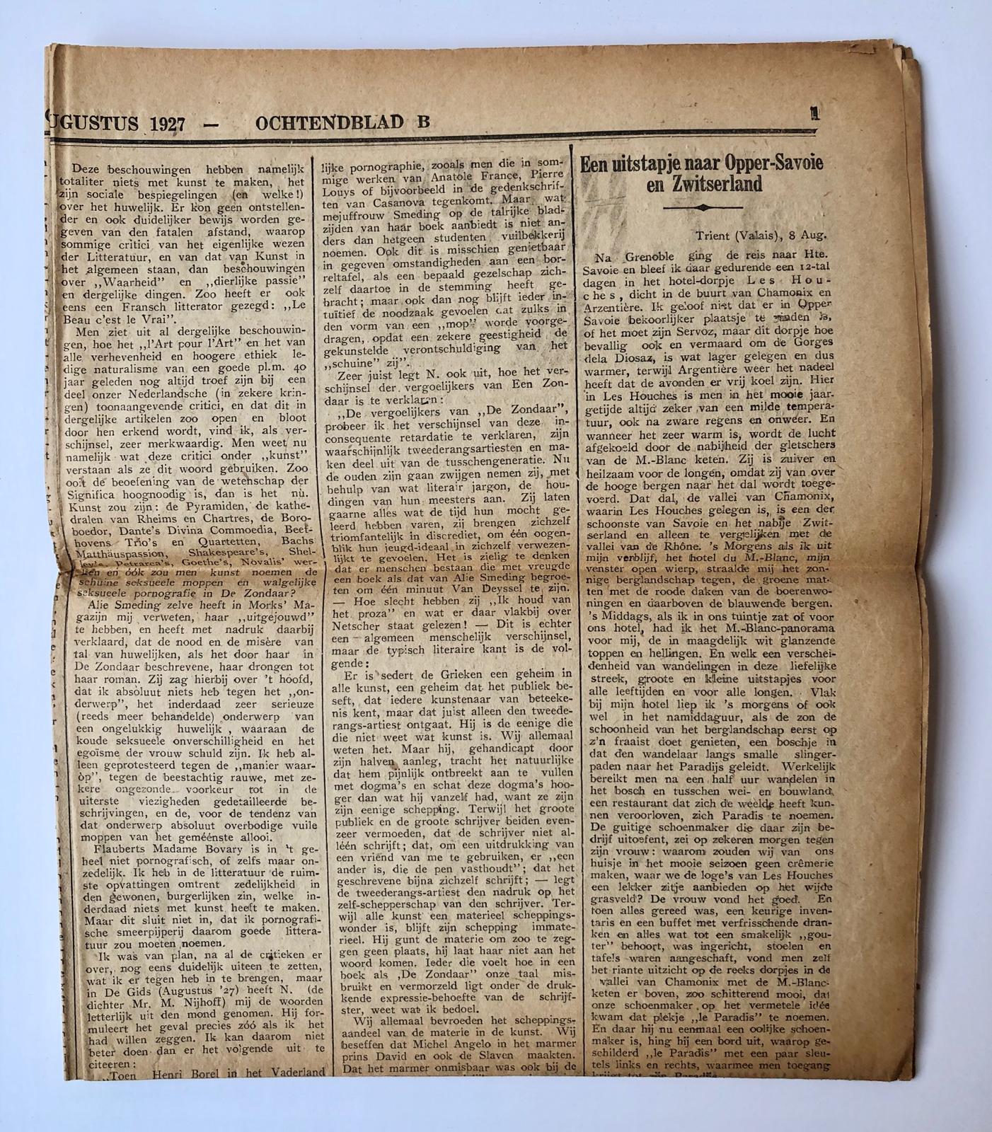  - [Newspaper articles, BR VON HEMMERSWEIL] Vier krantenartikelen Rust een weinig uit Het Vaderland van 1926-1927, ondertekenen J.J.M. Volgens aantekening geschreven door Br von Hemmersweil.