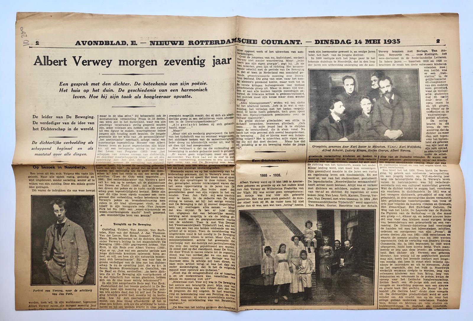  - [Newspaper reviews, Verwey 1935] Drie uitvoerige krantenartikelen uit 1935 over Albert Verwey, o.a. betr. 70e- verjaardag.