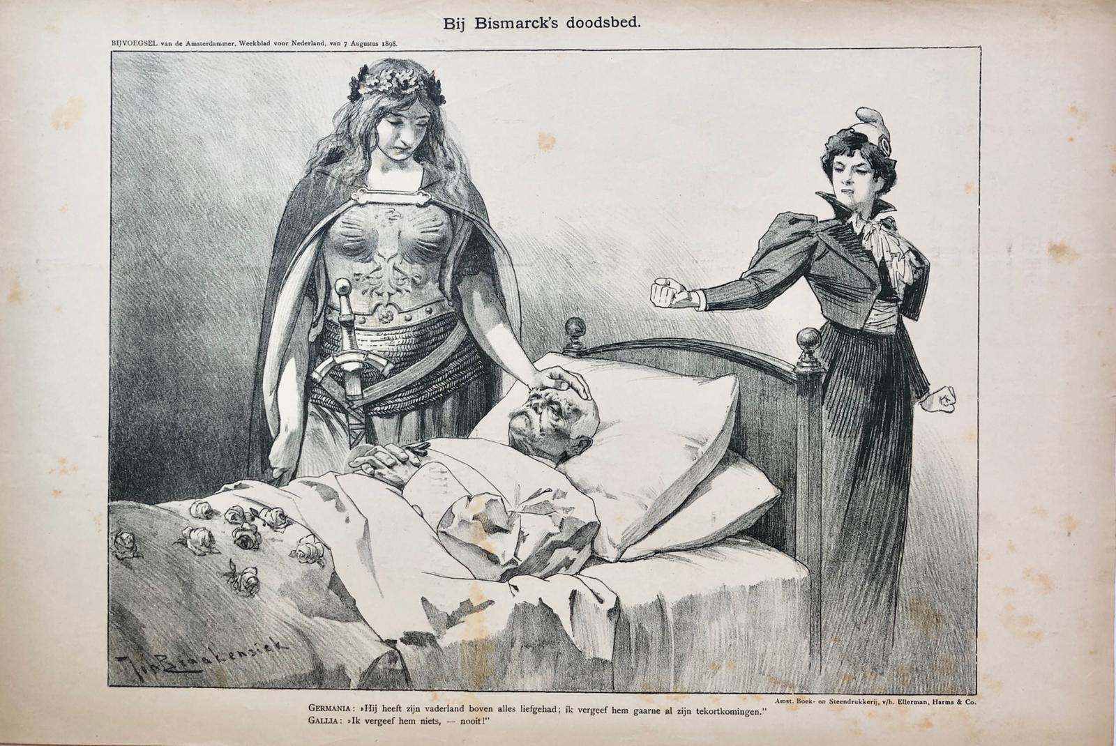 [Original lithograph/lithografie by Johan Braakensiek] Bij Bismarck's doodsbed, 7 Augustus 1898, 1 pp.