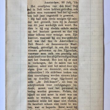 [Newspaper review 1915] Krantenartikel over overlijden W. Deij, door Omega, 1915.