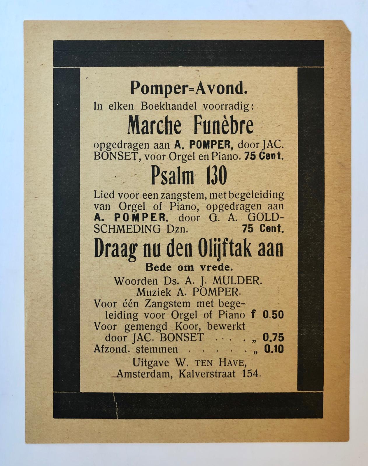  - [Music, brochure] Brochure voor een Pomper-avond, met portret van Albert Pomper, gedrukt, 2 pag.