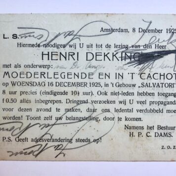 [Printed document 1925] Convocatie betr. een lezing van Henri Dekking, 1925, gedrukt.