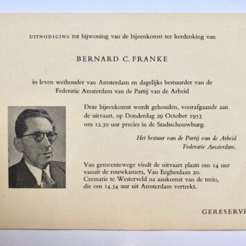 [Printed invitation 1953] Uitnodigingskaart betr. herdenking Bernard C. Franke, Amsterdam 1953. Gedrukt, met portret, 1 pag.