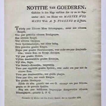 [Printed publication, stolen goods, 1808] Notitie van goederen gestolen 19-9-1808 ten huize van Marijke Weimans wed. A.J. Fokkens op de Joure, gedrukt, 4°, 1 pag.