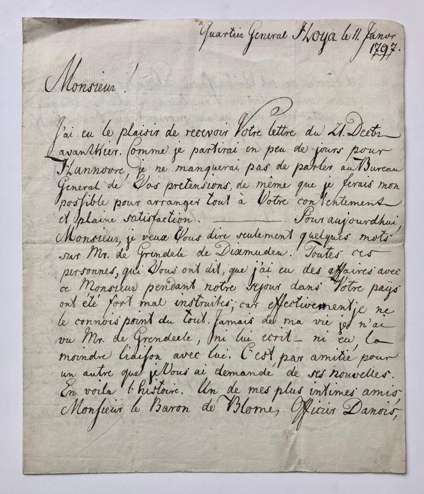  - [Manuscript Military, French, 1792] Brief in het Frans van Charles Wolff, dd. Quartier Generaal I Loya, 11-1-1797, manuscript, 4, 4 pag.