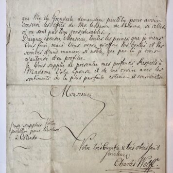 [Manuscript Military, French, 1792] Brief in het Frans van Charles Wolff, dd. Quartier Generaal I Loya, 11-1-1797, manuscript, 4°, 4 pag.