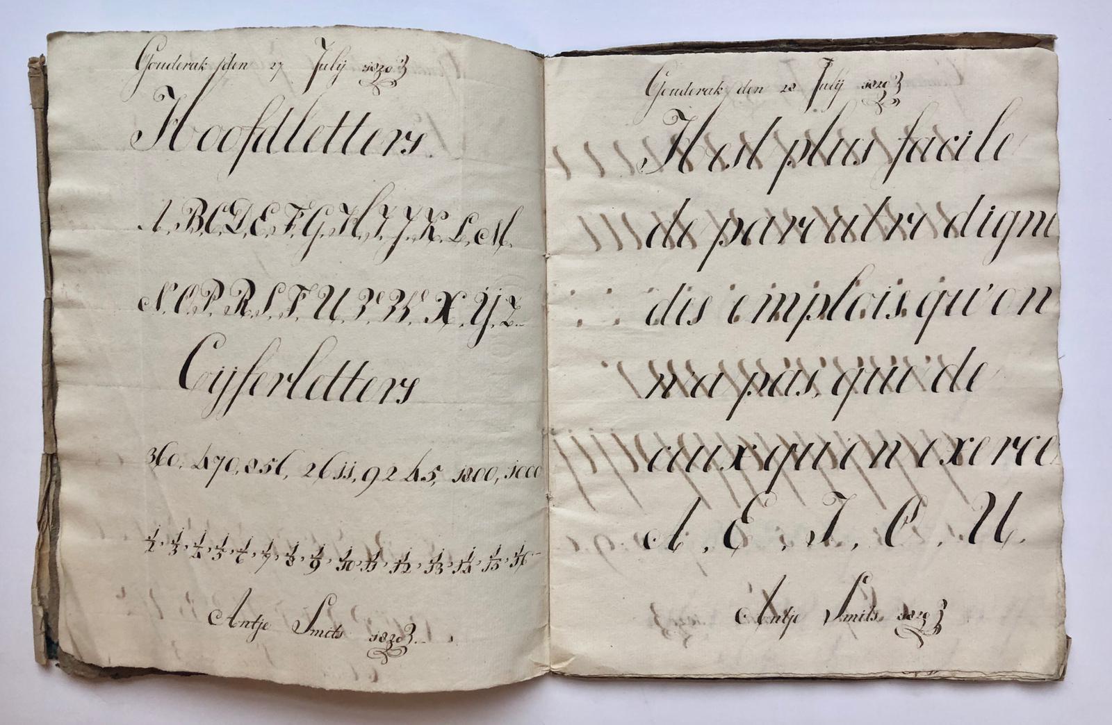  - [Caligraphy, Manusript, 1829] Twee cahiers met kalligrafisch schrift, a- van Antje Smits, Gouderak 1820 en b- van Maria Johanna Smits, Moordrecht 1829, 4, ca. 80 pag.
