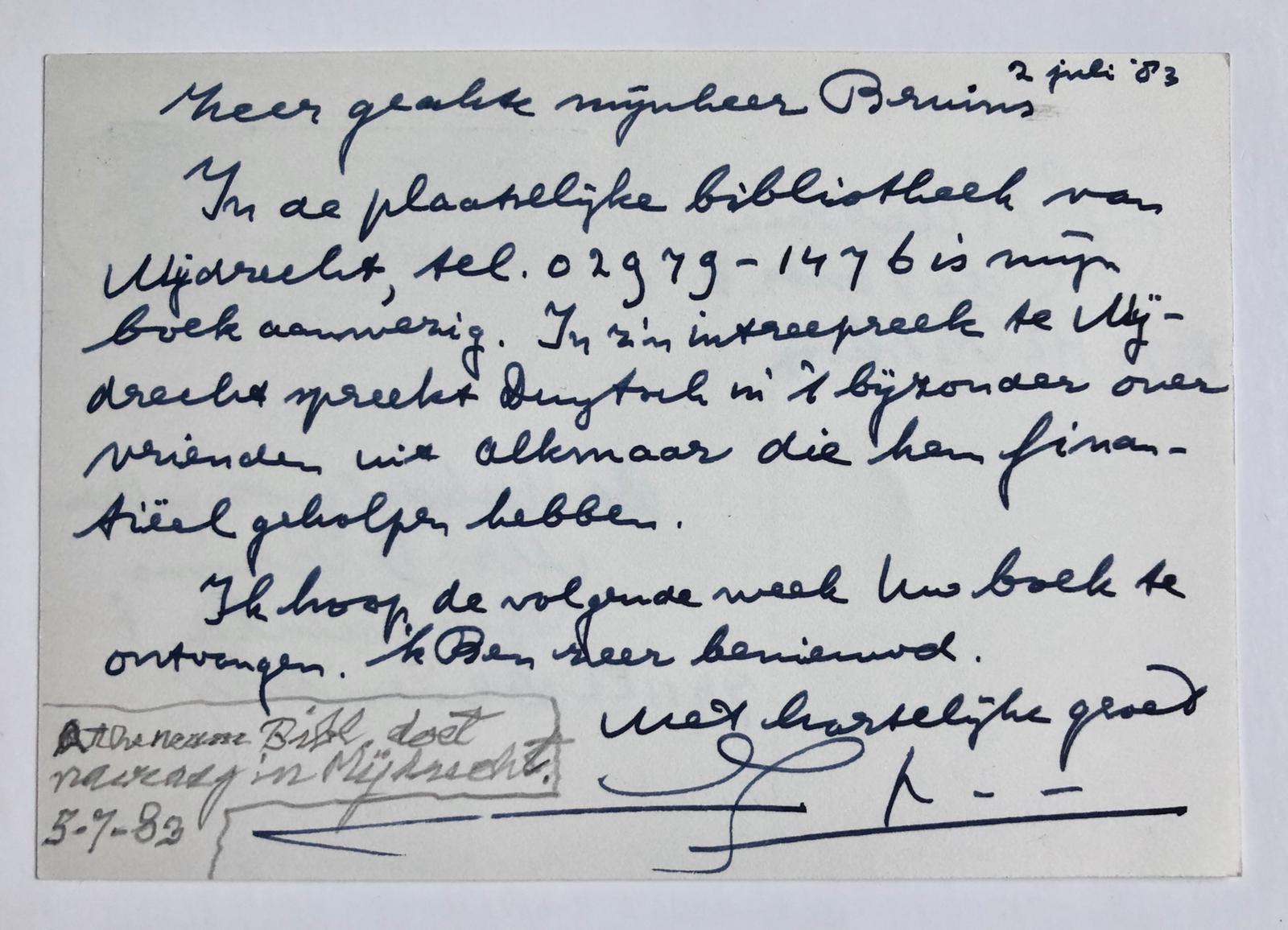  - [Manuscript and postcard, 1983] Brief en briefkaart van Ds. J. Haitsma te Boskoop, aan mr. D. Bruins te Deventer, 1983, manuscripten.
