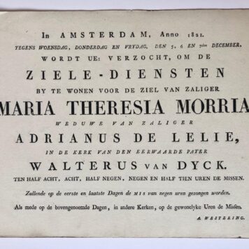 [Printed funeral card, 1835] Gedrukte uitnodiging voor de zielediensten voor zaliger Johannes Michel Reiffert in de R.K. kerk van A.H. v. Giessen te Amsterdam, dd. 3-3-1835, folio, 1 pag., oblong.