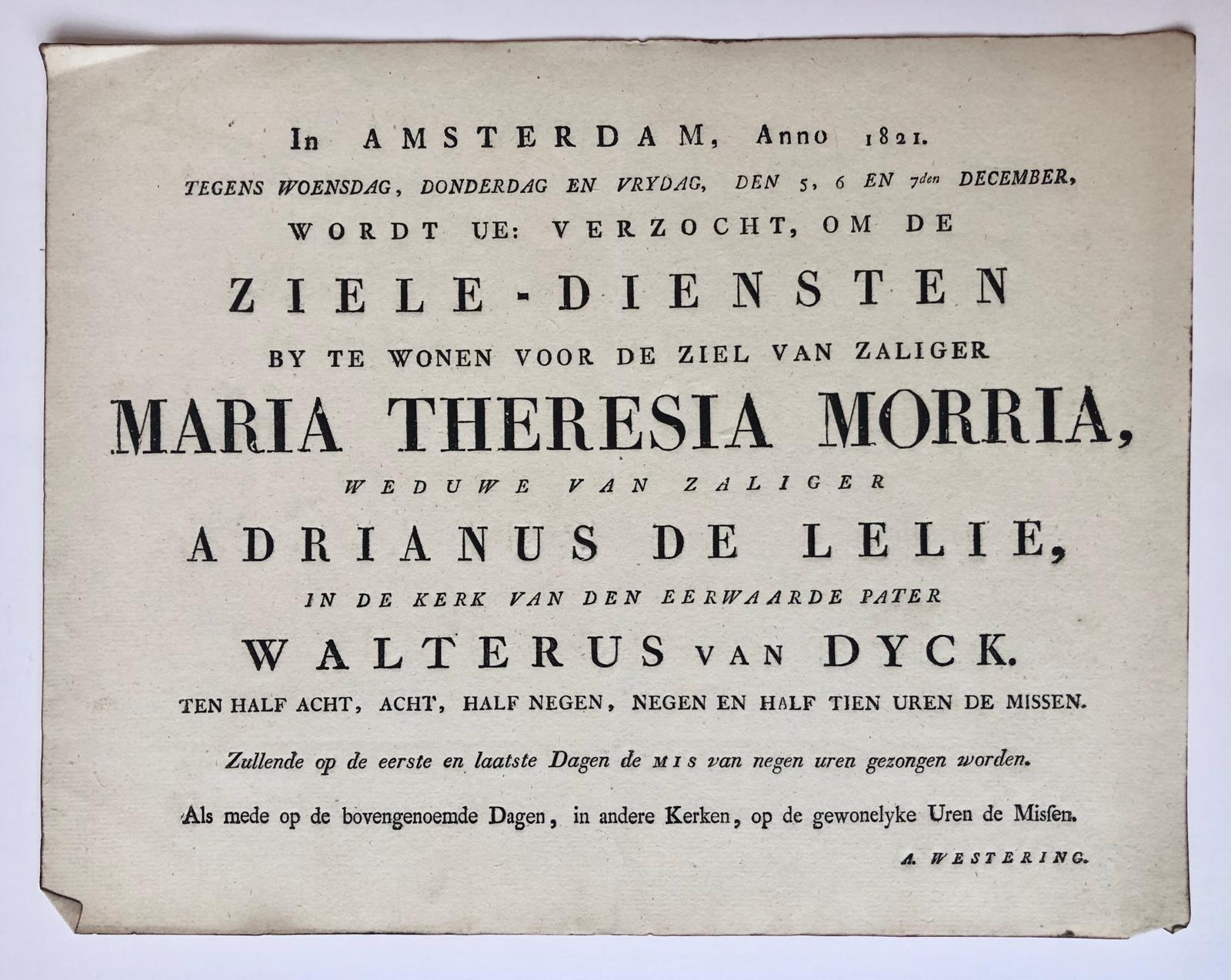  - [Printed funeral card, 1835] Gedrukte uitnodiging voor de zielediensten voor zaliger Johannes Michel Reiffert in de R.K. kerk van A.H. v. Giessen te Amsterdam, dd. 3-3-1835, folio, 1 pag., oblong.