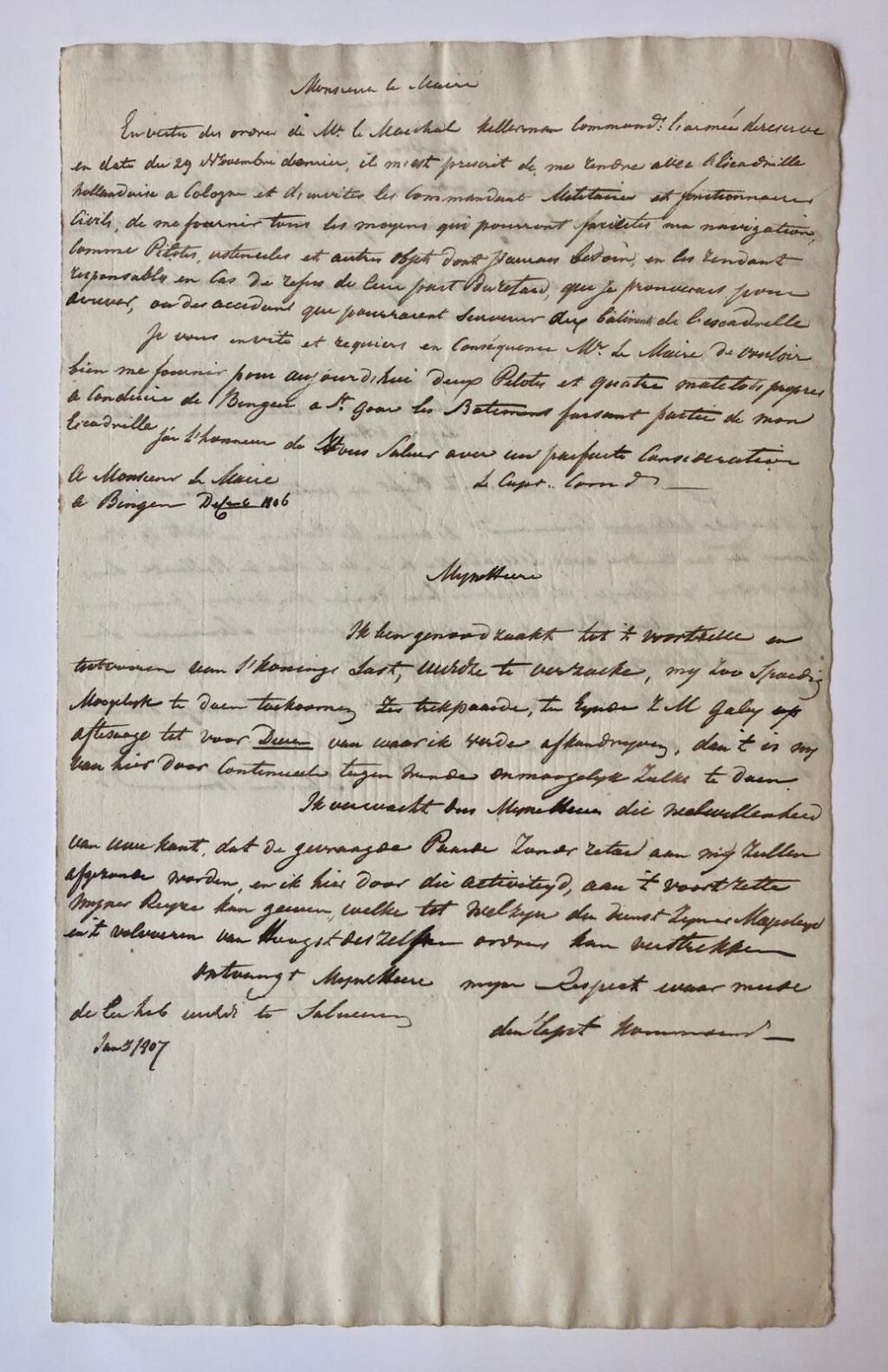[Military manuscripts, 1806-1807] Een aantal stukken (3 originele en 4 afschriften) betreffende het Commando op de Rijn, 1806-1807. Manuscripten, 4° en folio, 6 pag.