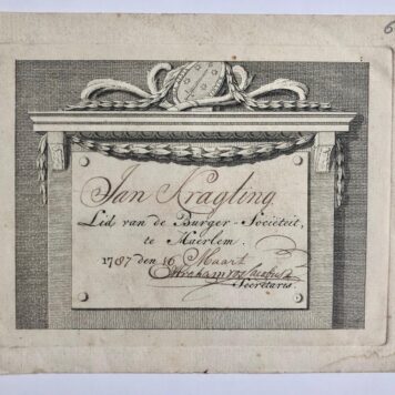 [Diploma Haarlem, 1787] Lidmaatschaps-diploma voor Jan Kragting van de Burger-societeit (burgersocieteit) te Haarlem, 1787. Getekend Abraham Vos Jacobsz, secretaris. Deels gedrukt, 1 pag.