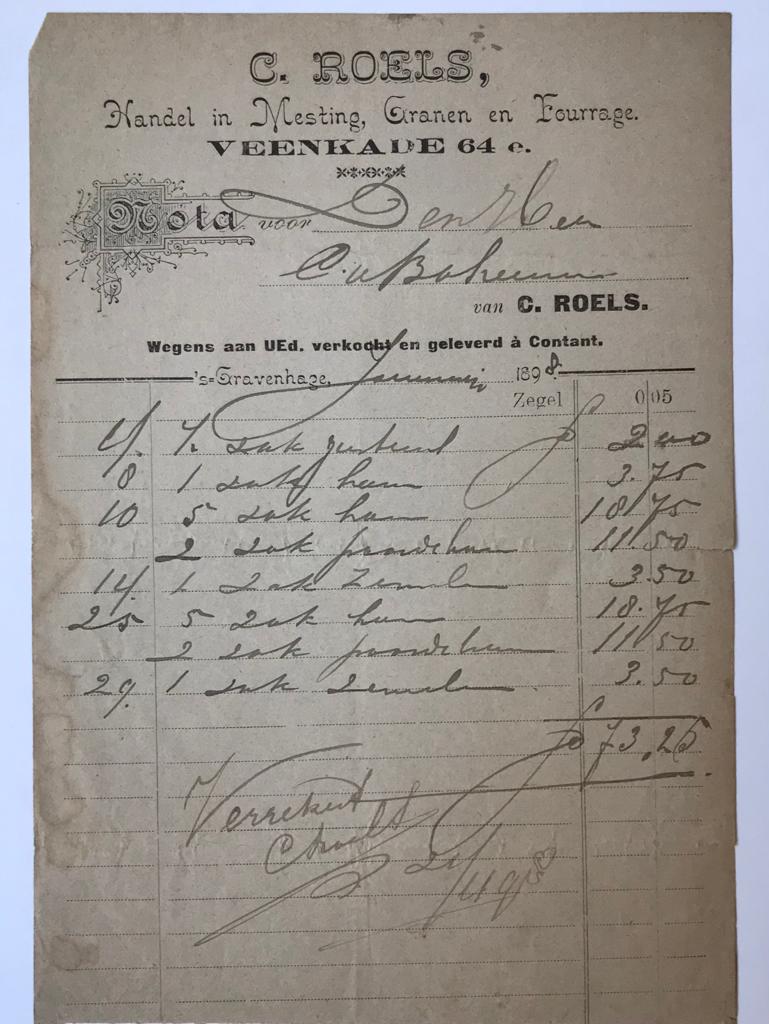 [Receipt, rekening, 1898] Nota van C. Roels, mestinghandel te 's-Gravenhage, 1898.