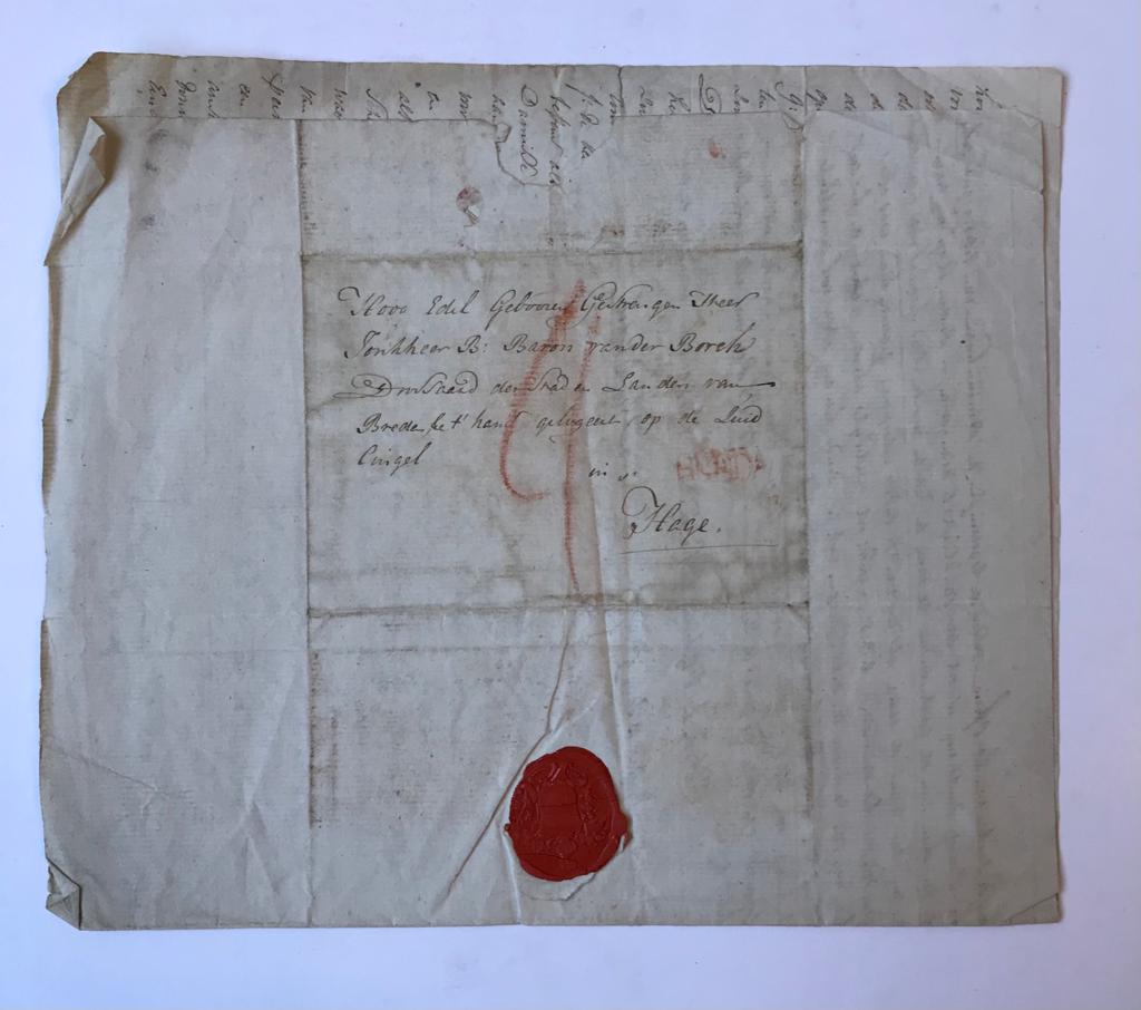 - [Manuscript with seal 1793, BREDA] Brief van de advocaat J. van Brakel, d.d. Breda 13-6-1793 aan B. baron van den Borch, drossaard van Breda, logerend te 's-Gravenhage. 4, 4 pag., manuscript, met lakzegel.