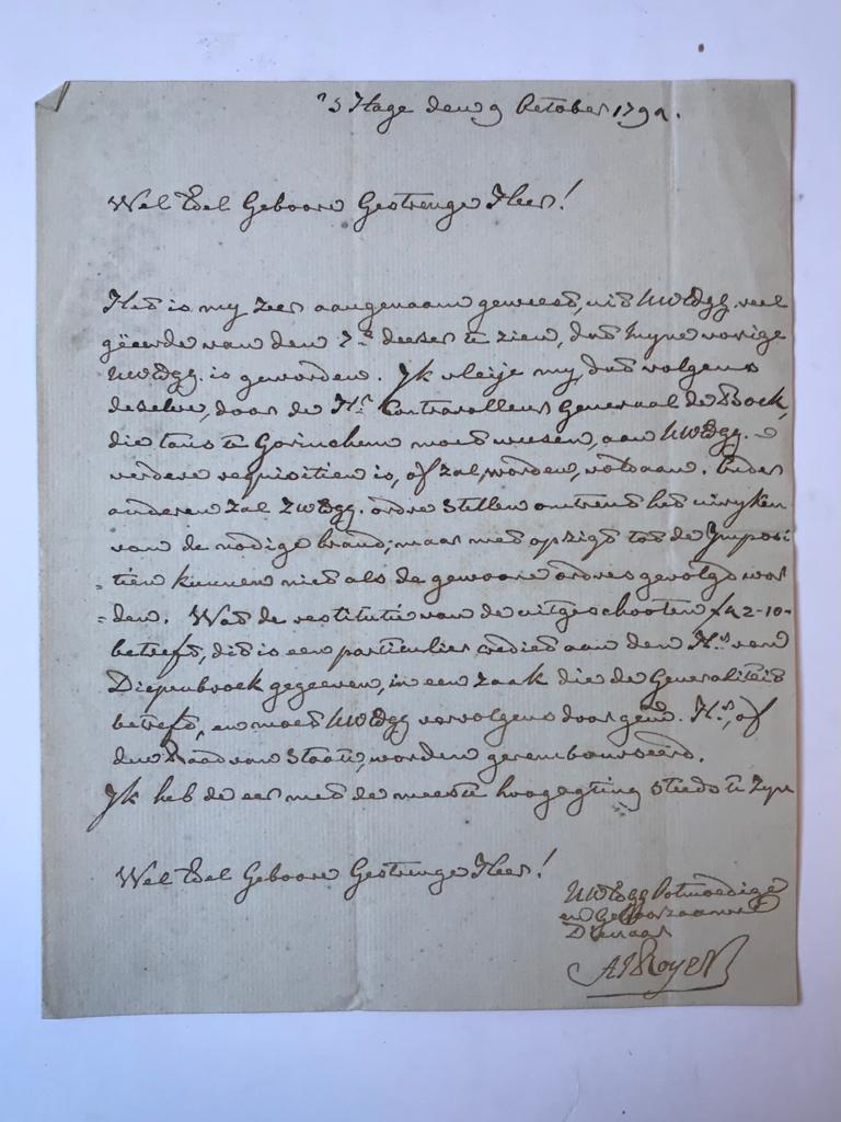  - [Manuscript 1794] Brief van A.J. Roijer, d.d. 's-Gravenhage 1794, 4o, 1 pag., manuscript.
