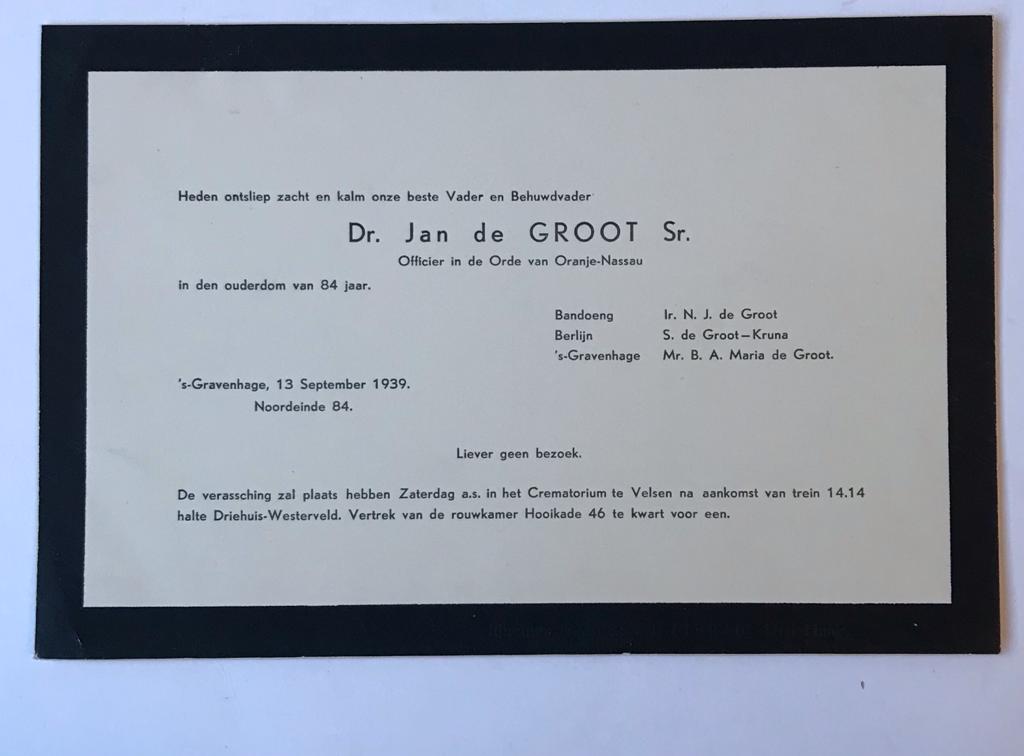 [Funeral card 1939] Gedrukte overlijdenskaart voor dr. Jan de Groot sr. 's-Gravenhage, 1939.