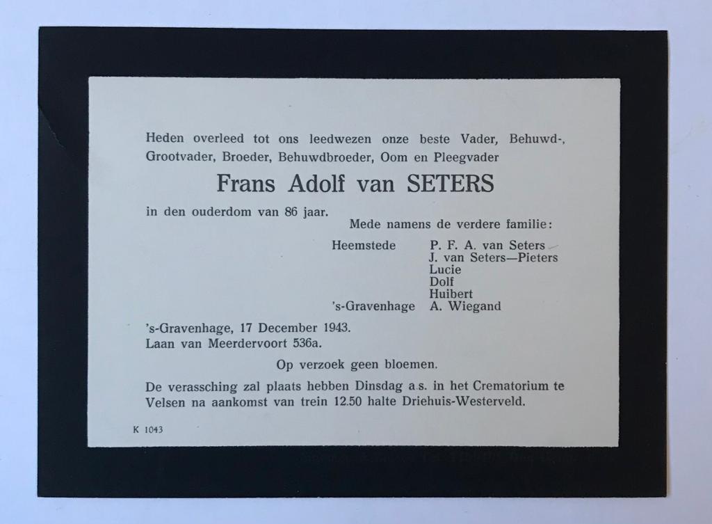  - [Printed funeral card 1943] Gedrukte overlijdenskaart voor Frans Adolf van Seters. 's-Gravenhage, 1943.