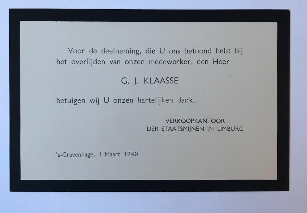  - [2 Printed funeral card(s) 1940] Twee gedrukte overlijdenskaarten voor G.J. Klaasse. 's-Gravenhage, 1940.