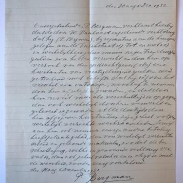 [Manuscript 1932] Verklaring van P. Bergman, d.d. 's-Gravenhage 1932, tegen een aanklacht van W. Paalvast. Manuscript, 4°, 1 pag.