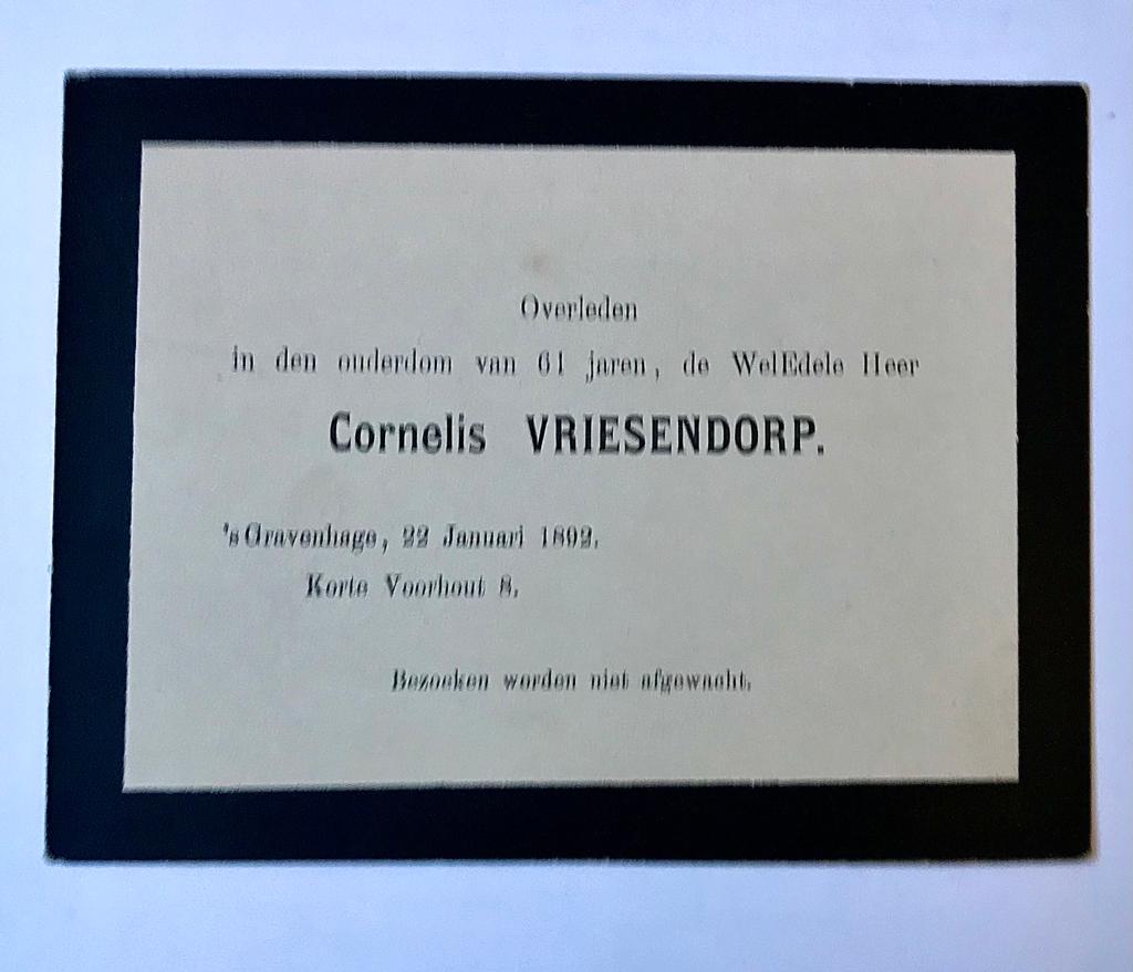  - [Printed funeral card 1892] Overlijdensaankondiging van Corn. Vriesendorp, 's-Gravenhage, 1892, 1 pag., gedrukt.