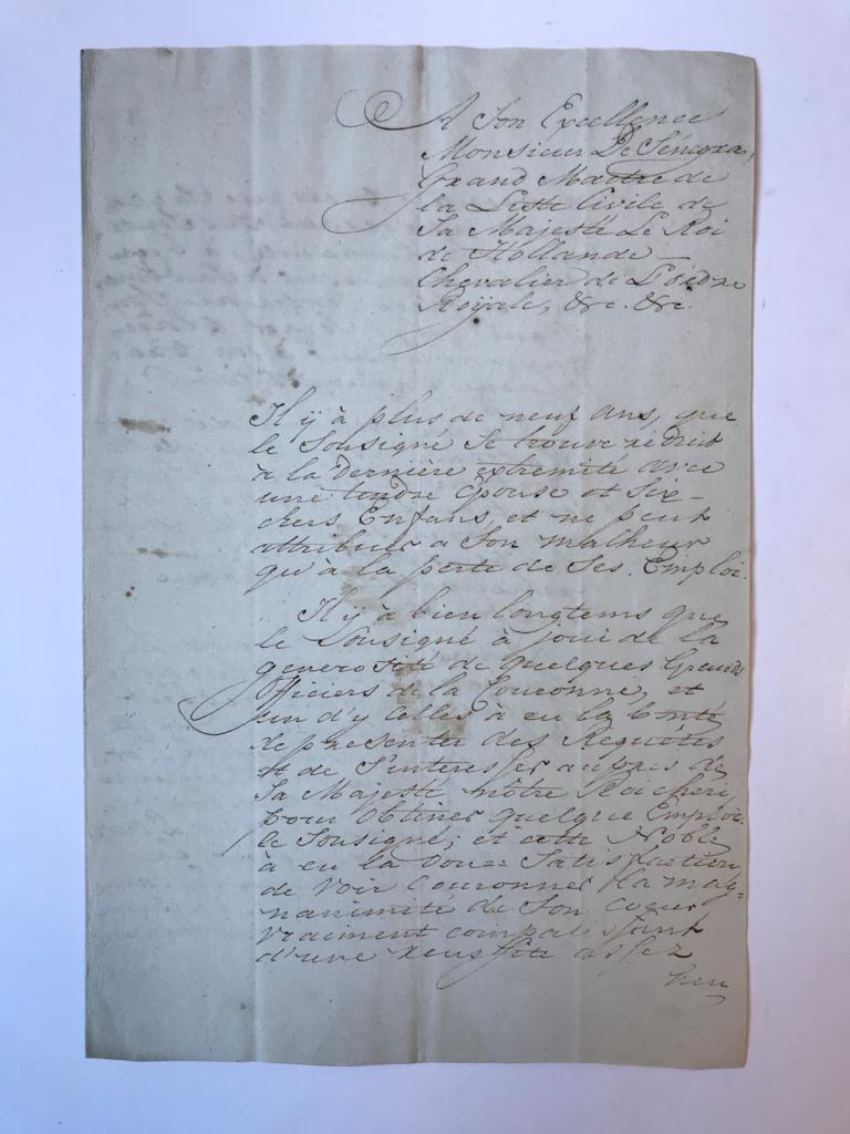 [Manuscript 1807] Brief van W.S.P.(?) de Mikker, d.d. 's-Gravenhage 2-10-1807 aan de grootmeester van Lodewijk Napoleon, De Senegra. Manuscript, folio, 3 pag.